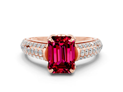 Rose gold Emerald Cut Garnet Solitaire Ring with Three-Row Pavé Band and Four-Prong Setting_12