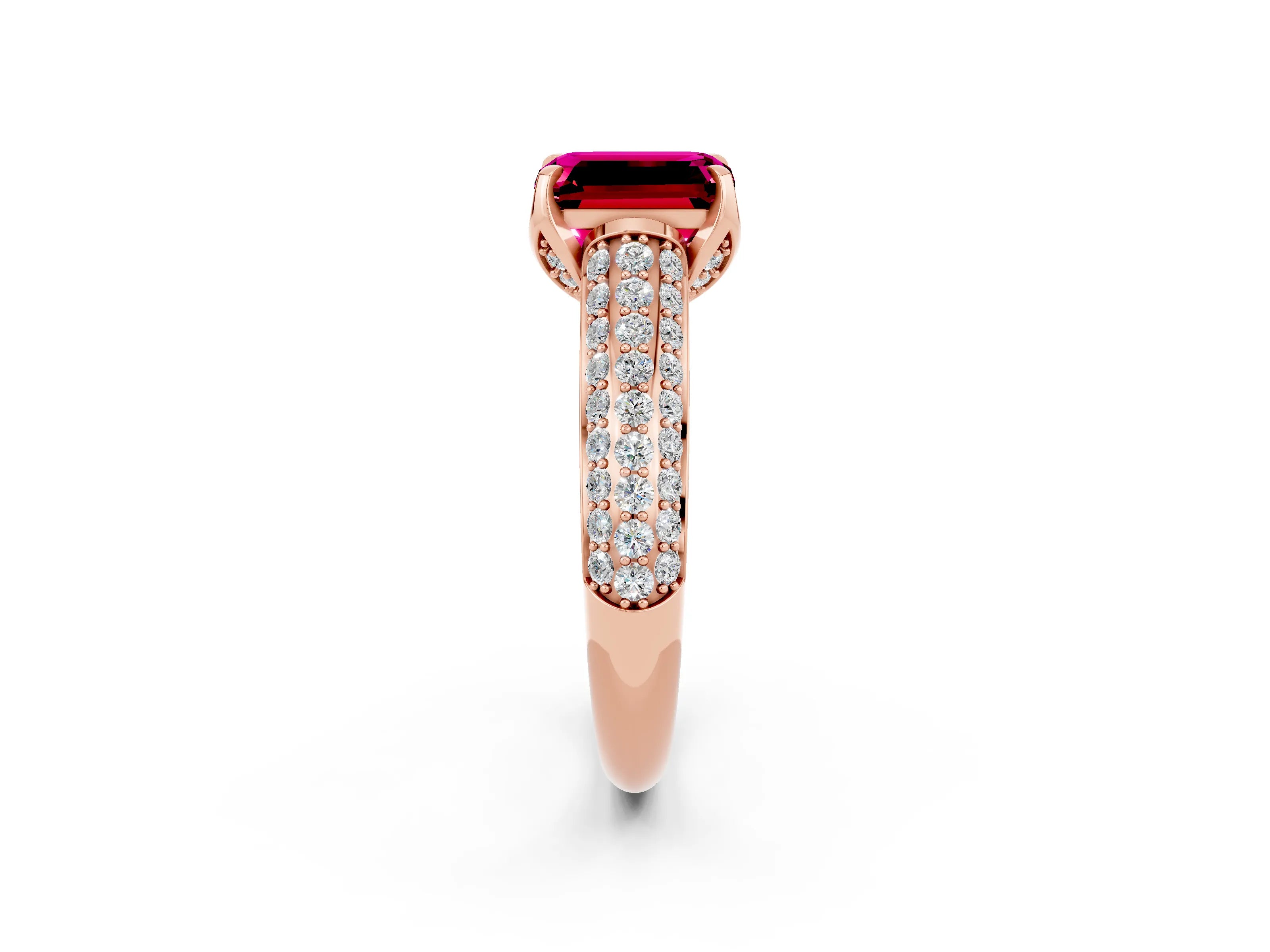 Rose gold Emerald Cut Garnet Solitaire Ring with Three-Row Pavé Band and Four-Prong Setting_14