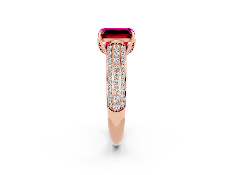 Rose gold Emerald Cut Garnet Solitaire Ring with Three-Row Pavé Band and Four-Prong Setting_14