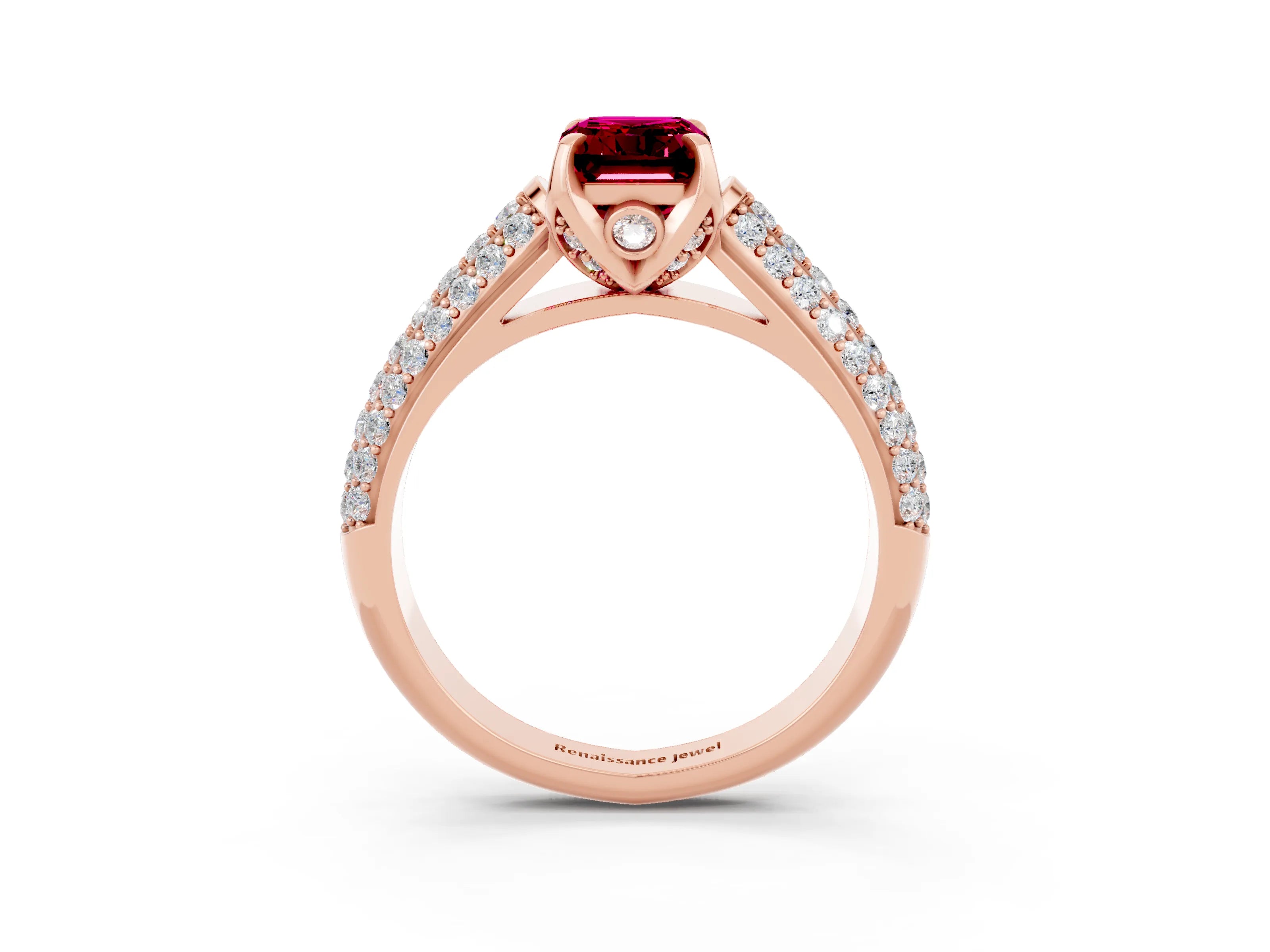 Rose gold Emerald Cut Garnet Solitaire Ring with Three-Row Pavé Band and Four-Prong Setting_15