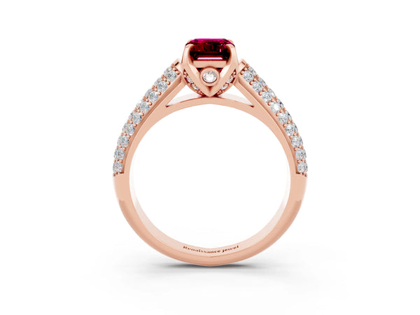 Rose gold Emerald Cut Garnet Solitaire Ring with Three-Row Pavé Band and Four-Prong Setting