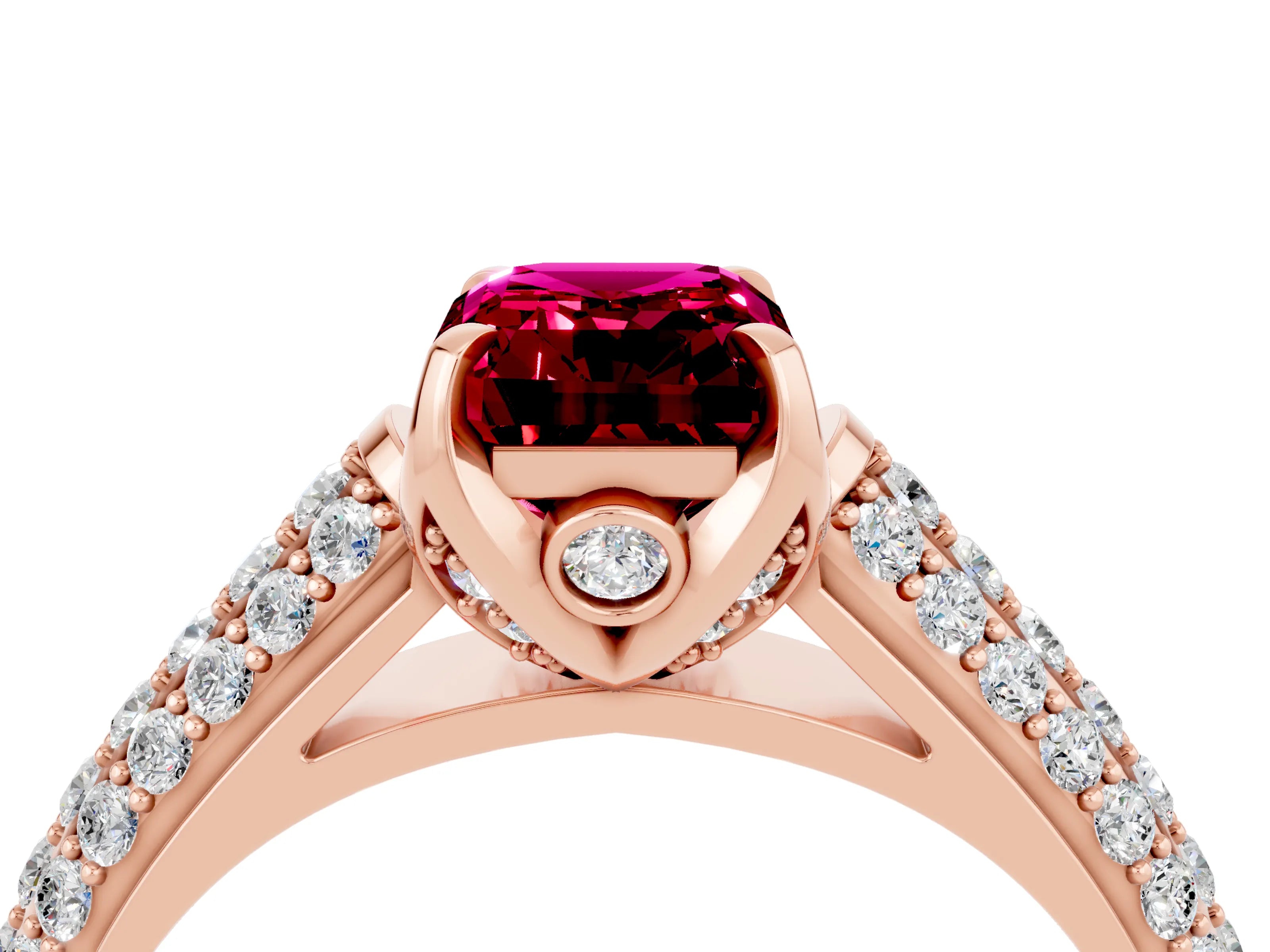 Rose gold Emerald Cut Garnet Solitaire Ring with Three-Row Pavé Band and Four-Prong Setting_16