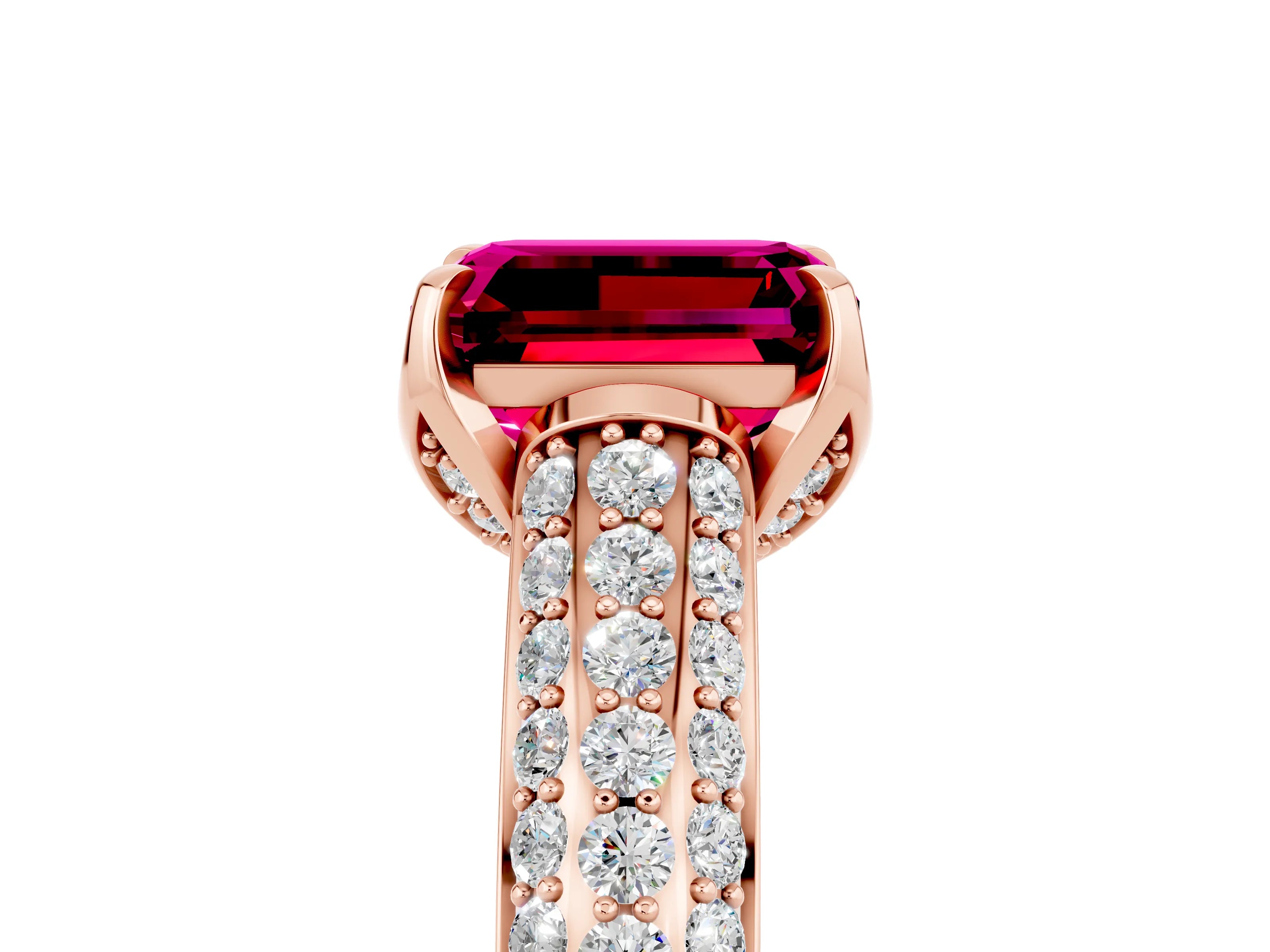 Rose gold Emerald Cut Garnet Solitaire Ring with Three-Row Pavé Band and Four-Prong Setting_17