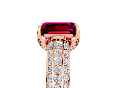 Rose gold Emerald Cut Garnet Solitaire Ring with Three-Row Pavé Band and Four-Prong Setting_17