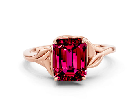 Rose gold Emerald Cut Garnet Solitaire Ring with Twist Band and Four-Prong Setting_24