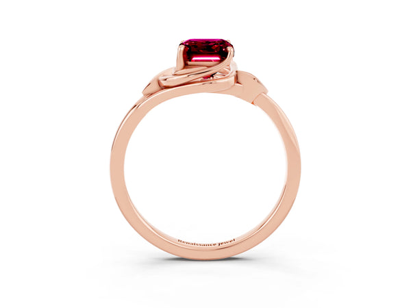 Rose gold Emerald Cut Garnet Solitaire Ring with Twist Band and Four-Prong Setting