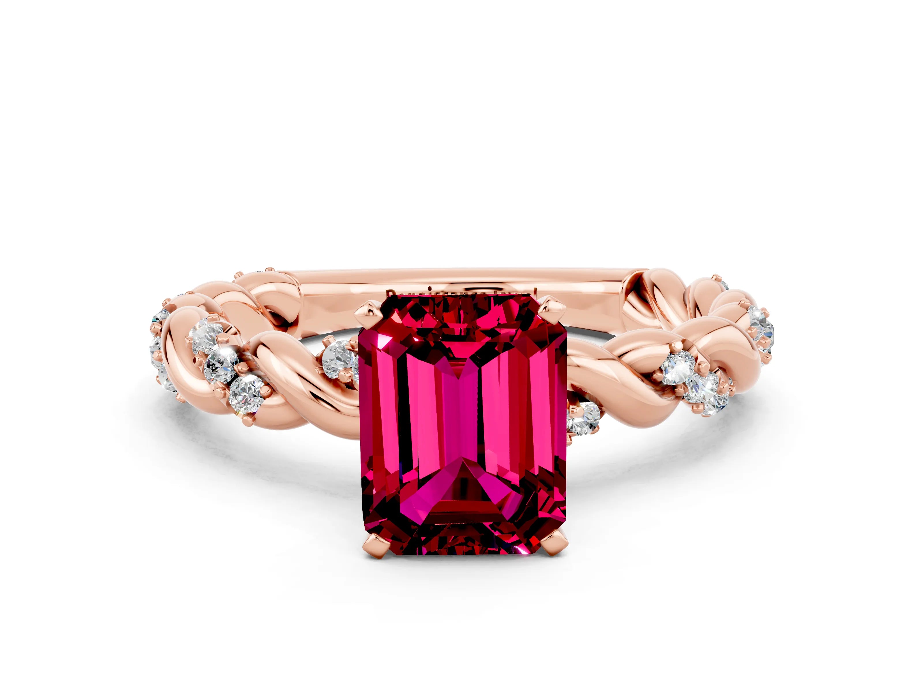 Rose gold Emerald Cut Garnet Solitaire Ring with Twisted Band and Pavé Accents