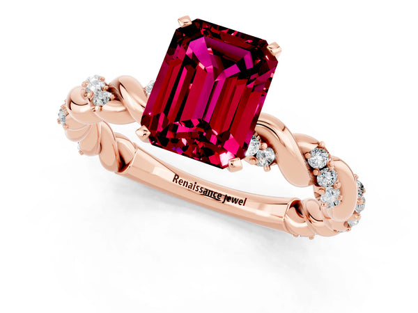 Rose gold Emerald Cut Garnet Solitaire Ring with Twisted Band and Pavé Accents