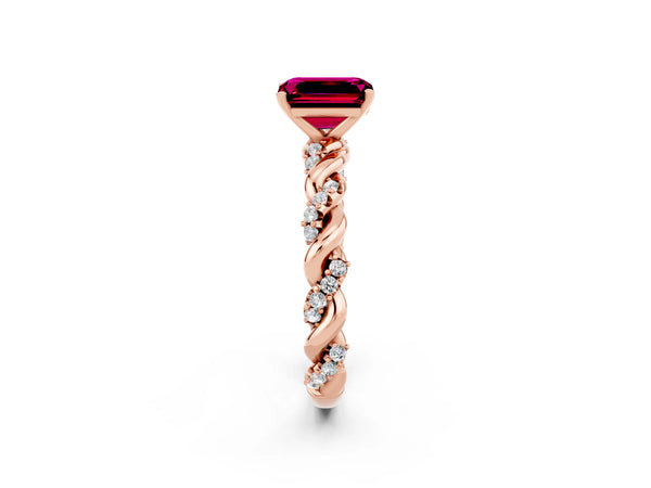 Rose gold Emerald Cut Garnet Solitaire Ring with Twisted Band and Pavé Accents