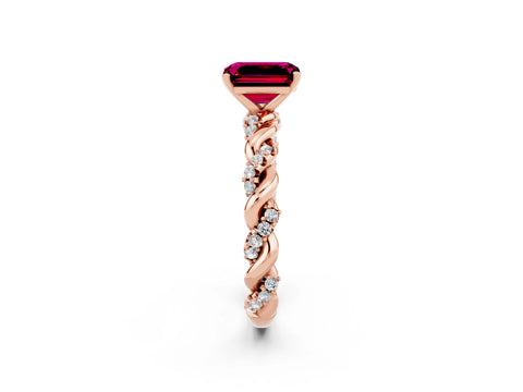 Rose gold Emerald Cut Garnet Solitaire Ring with Twisted Band and Pavé Accents_2