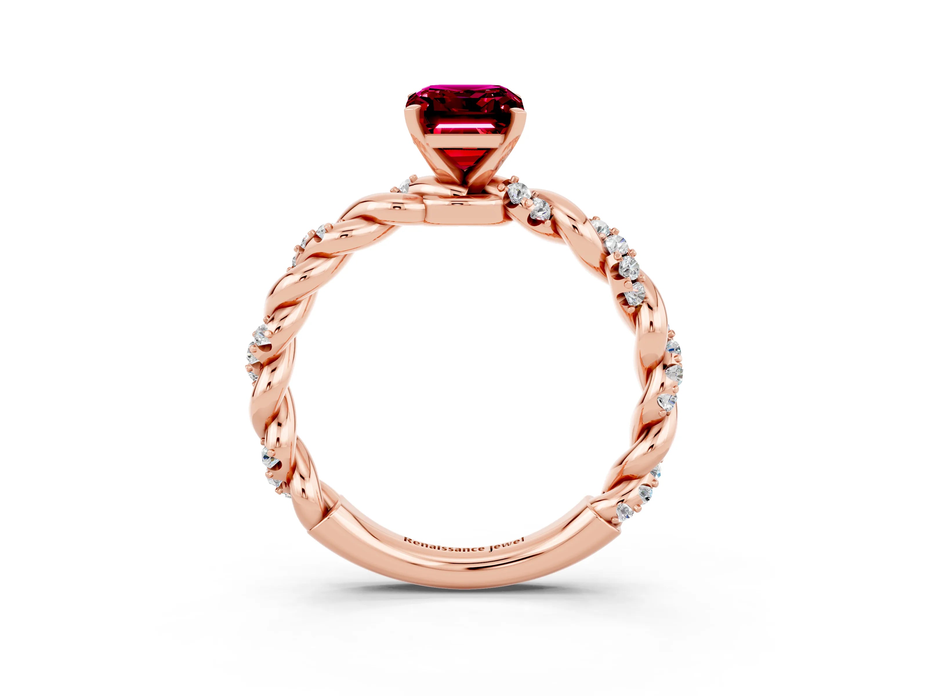 Rose gold Emerald Cut Garnet Solitaire Ring with Twisted Band and Pavé Accents_3