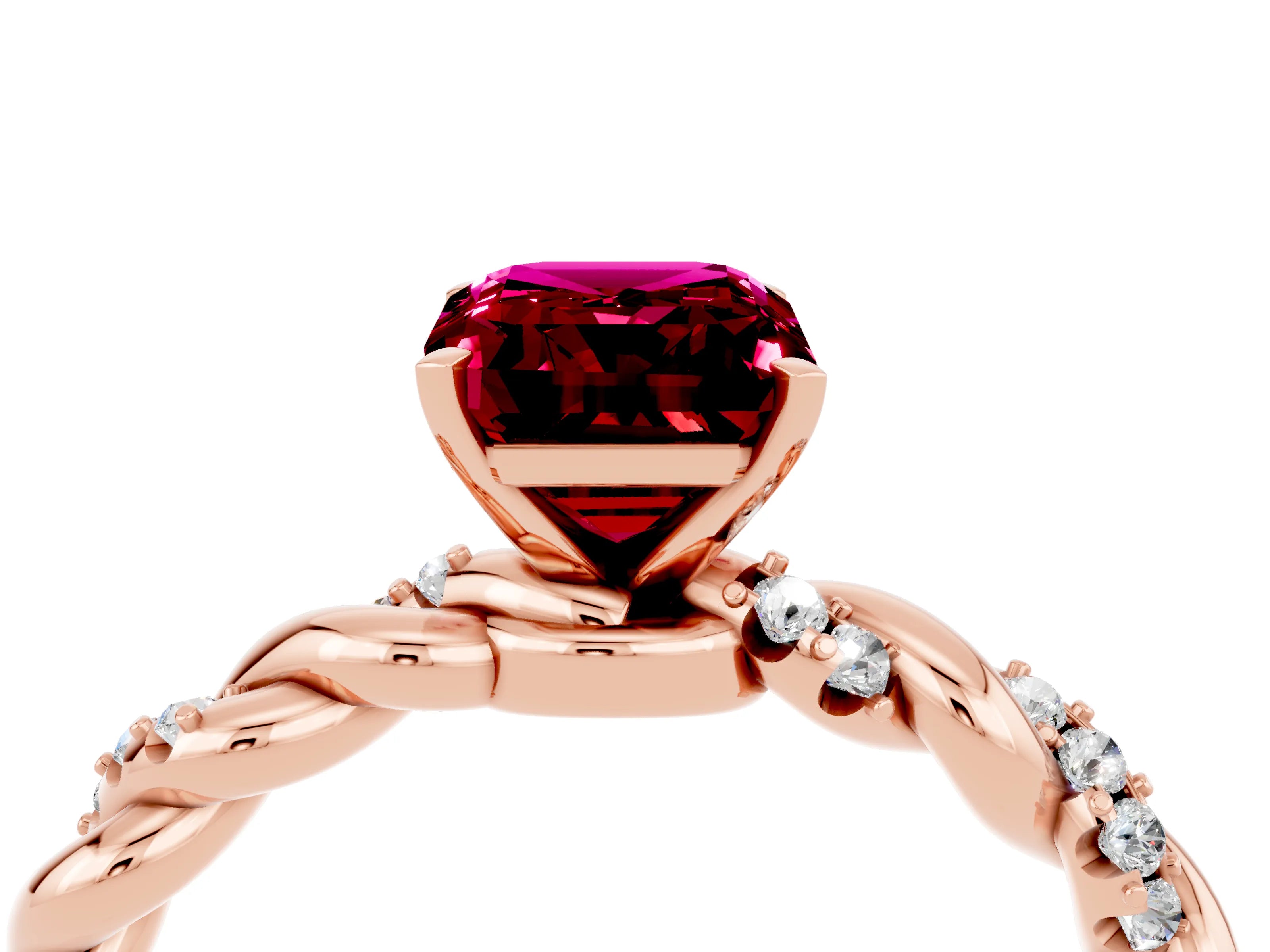 Rose gold Emerald Cut Garnet Solitaire Ring with Twisted Band and Pavé Accents_4