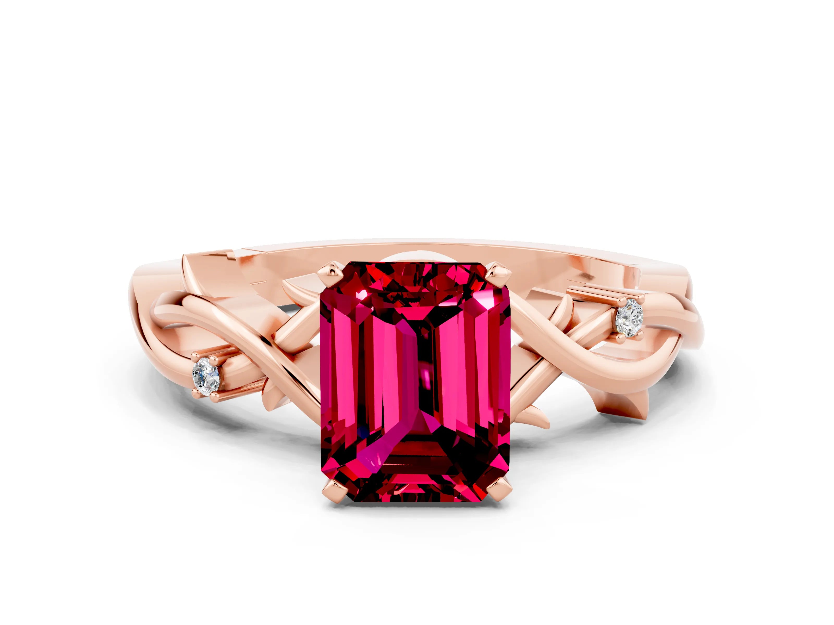 Rose gold Emerald Cut Garnet Solitaire Ring with Twisted Band and Prong Setting