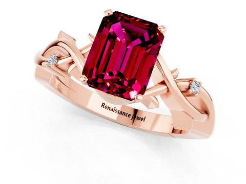 Rose gold Emerald Cut Garnet Solitaire Ring with Twisted Band and Prong Setting_1