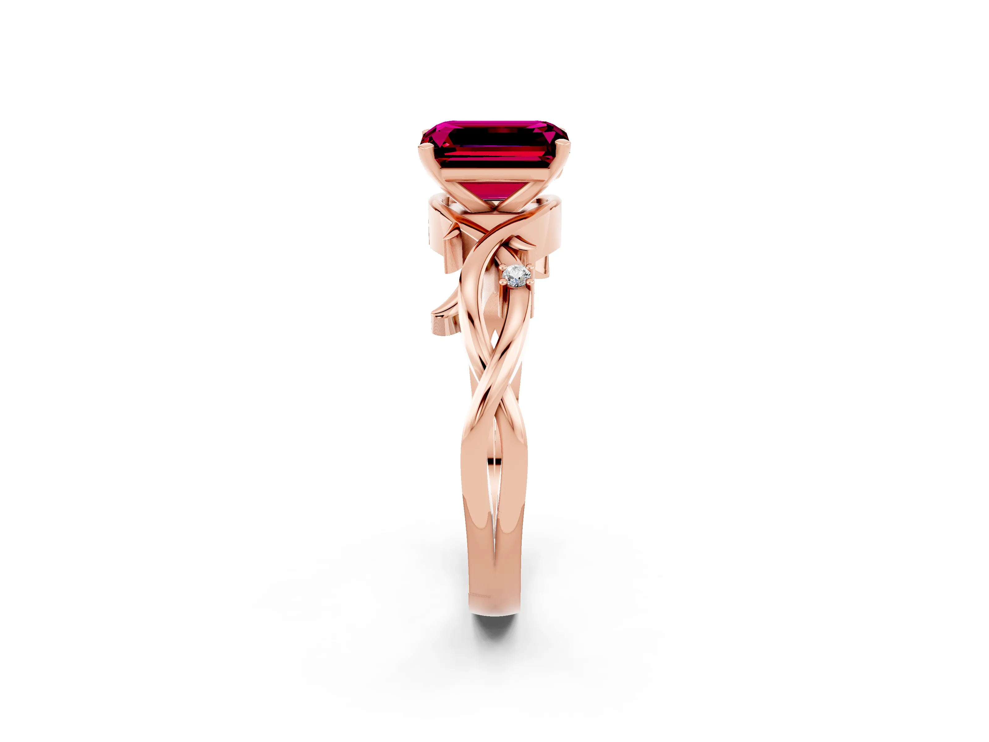 Rose gold Emerald Cut Garnet Solitaire Ring with Twisted Band and Prong Setting_2