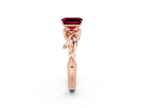 Rose gold Emerald Cut Garnet Solitaire Ring with Twisted Band and Prong Setting