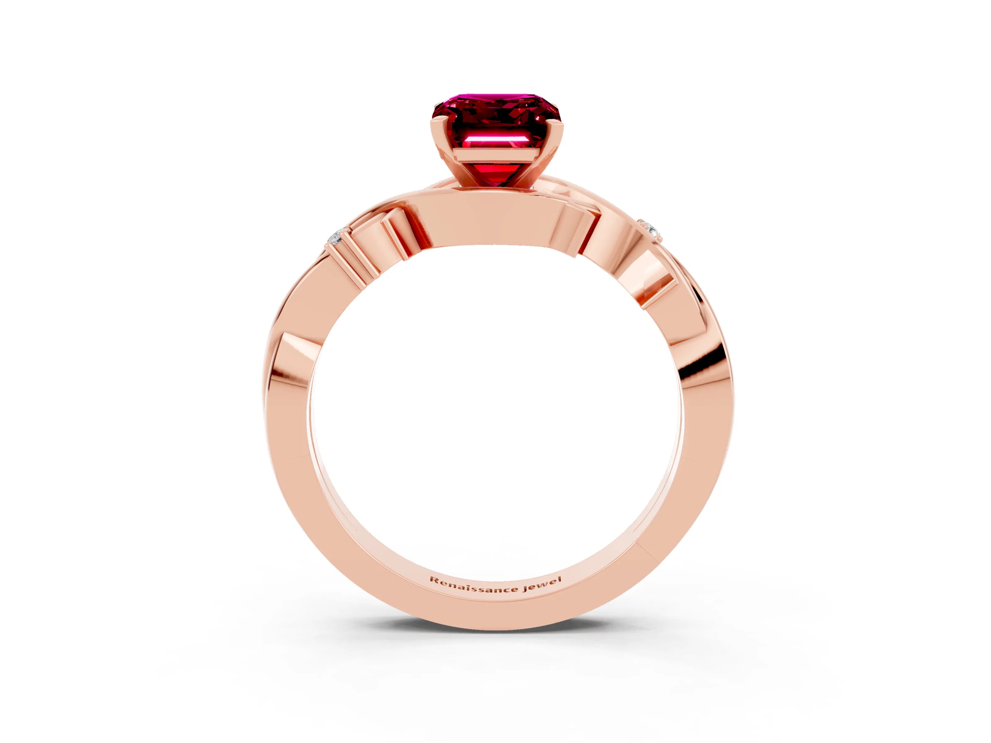 Rose gold Emerald Cut Garnet Solitaire Ring with Twisted Band and Prong Setting_3