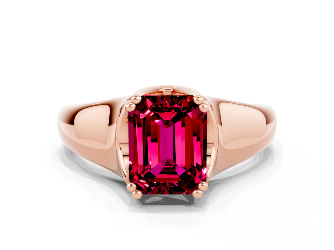 Rose gold Emerald Cut Garnet Solitaire Ring with Wide Band and Prong Setting
