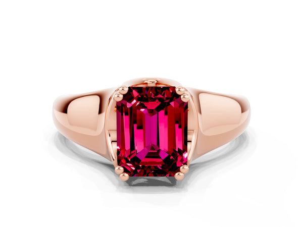 Rose gold Emerald Cut Garnet Solitaire Ring with Wide Band and Prong Setting