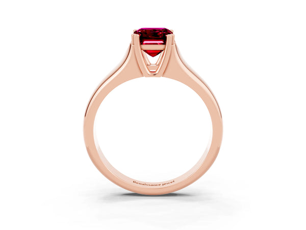 Rose gold Emerald Cut Garnet Solitaire Ring with Wide Band and Prong Setting