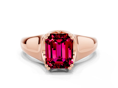 Rose gold Emerald Cut Garnet Solitaire Ring with Wide Band and Prong Setting