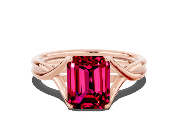 Rose gold Emerald Cut Garnet Solitaire Twist Band Prong Setting Ring