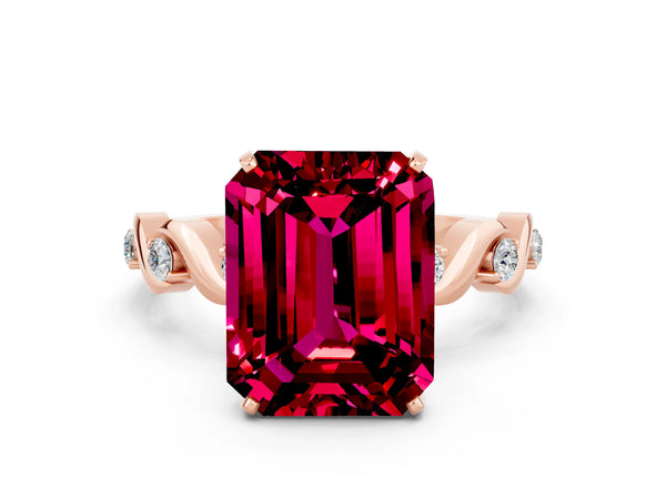 Rose gold Emerald Cut Garnet Solitaire Twisted Band with Round  Accents and Prong Setting
