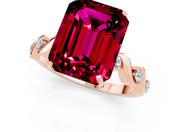 Rose gold Emerald Cut Garnet Solitaire Twisted Band with Round  Accents and Prong Setting
