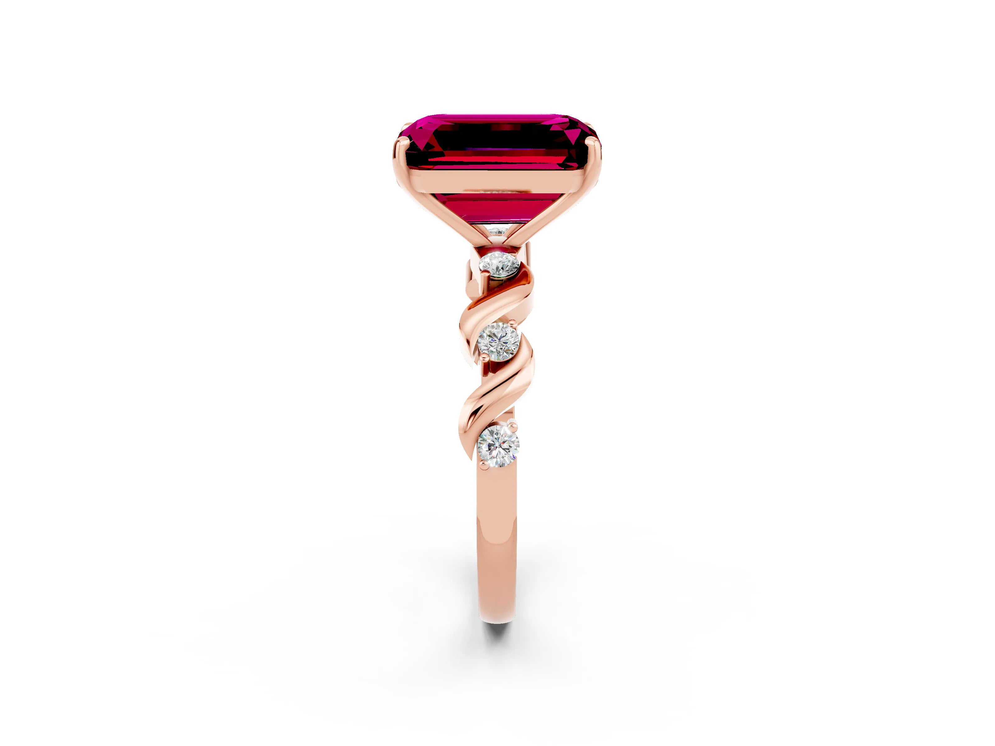 Rose gold Emerald Cut Garnet Solitaire Twisted Band with Round  Accents and Prong Setting_14