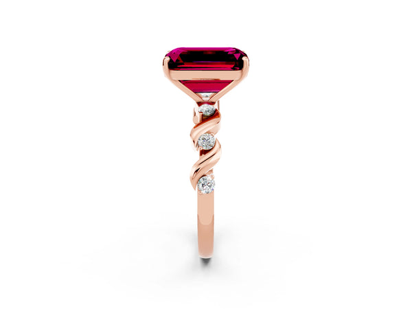 Rose gold Emerald Cut Garnet Solitaire Twisted Band with Round  Accents and Prong Setting