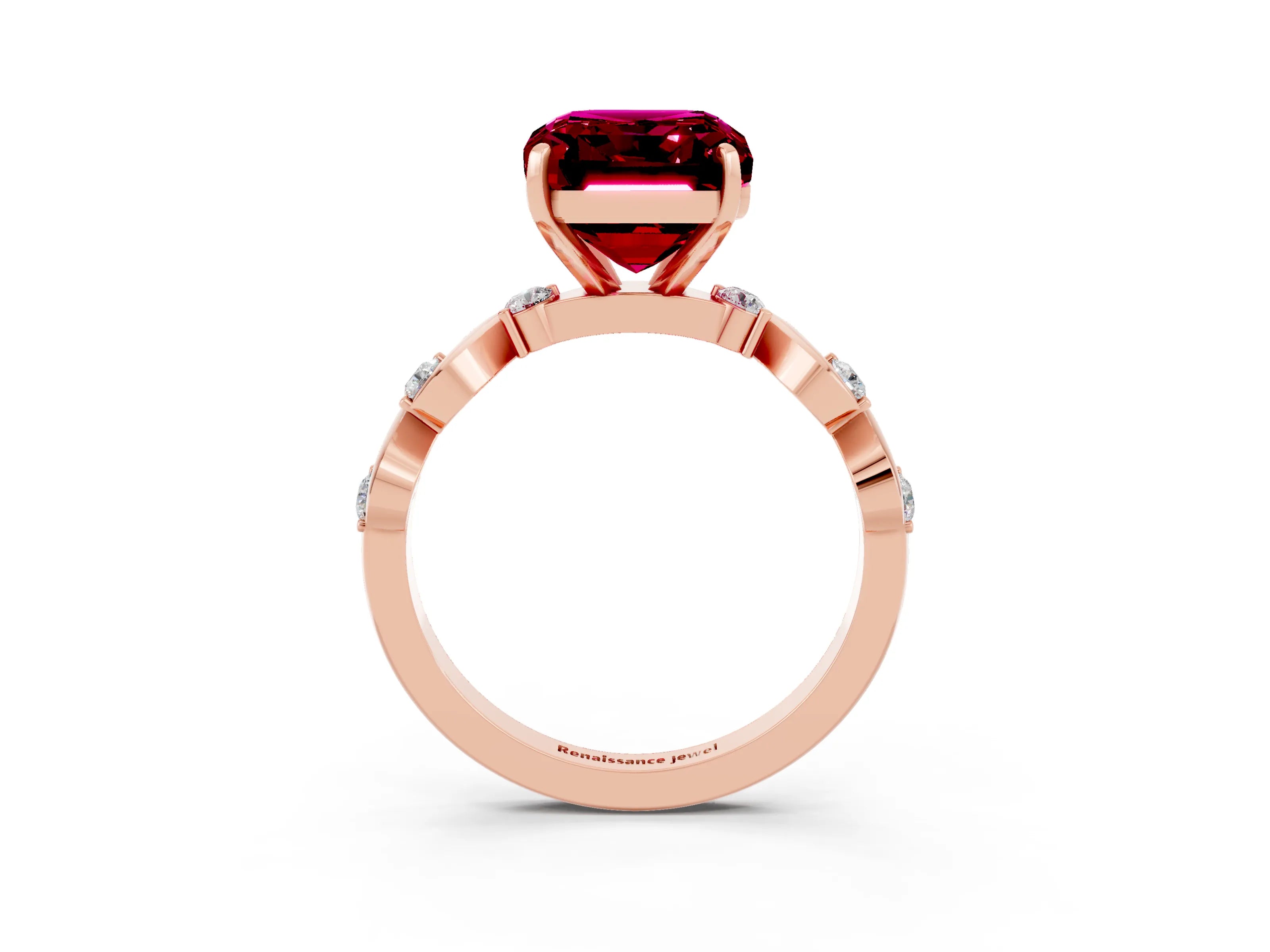 Rose gold Emerald Cut Garnet Solitaire Twisted Band with Round  Accents and Prong Setting_15