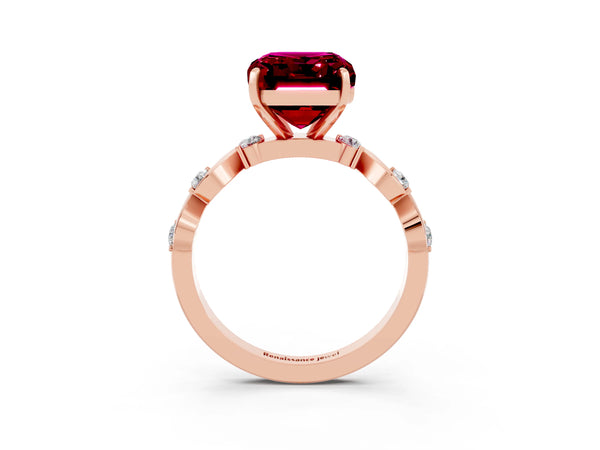 Rose gold Emerald Cut Garnet Solitaire Twisted Band with Round  Accents and Prong Setting