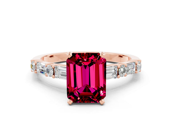 Rose gold Emerald Cut Garnet Solitaire with Side Baguettes and Channel Set Band