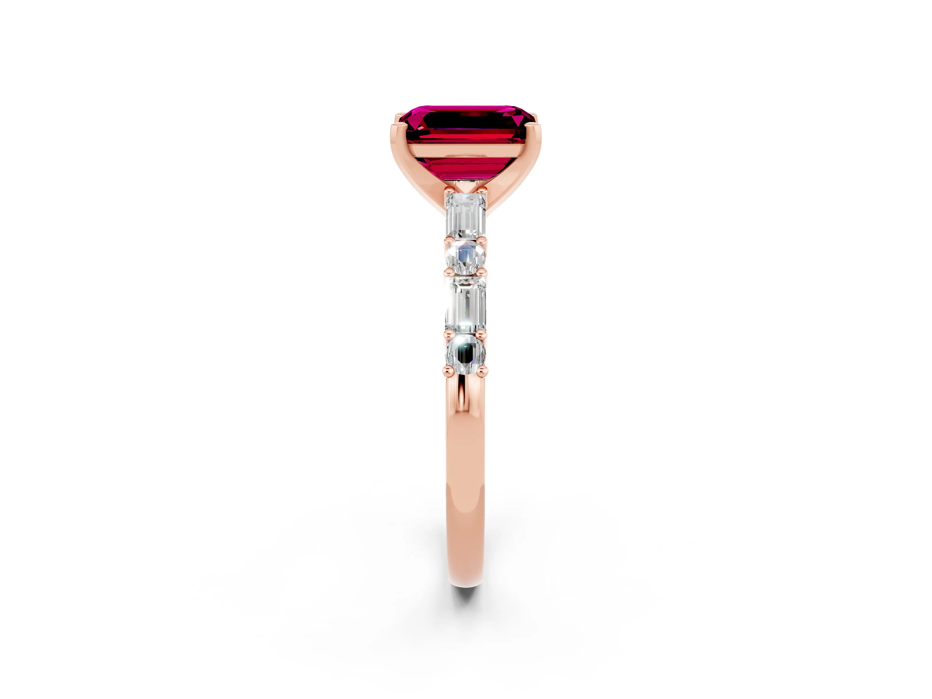 Rose gold Emerald Cut Garnet Solitaire with Side Baguettes and Channel Set Band_2