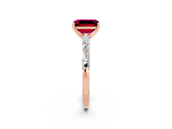 Rose gold Emerald Cut Garnet Solitaire with Side Baguettes and Channel Set Band