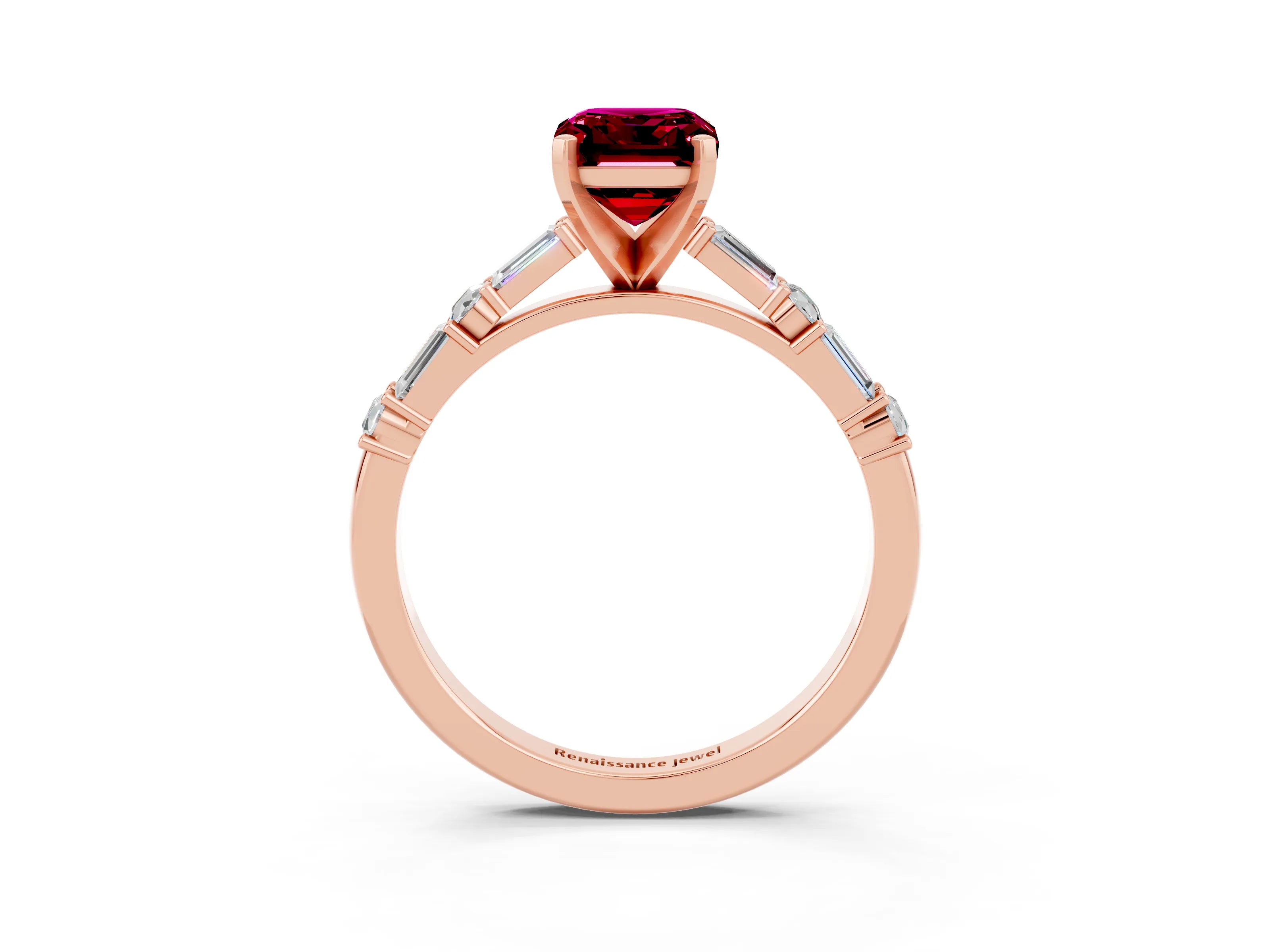 Rose gold Emerald Cut Garnet Solitaire with Side Baguettes and Channel Set Band_3