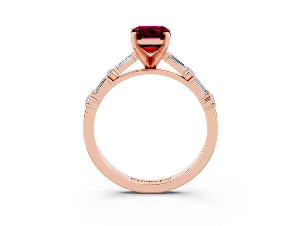 Rose gold Emerald Cut Garnet Solitaire with Side Baguettes and Channel Set Band