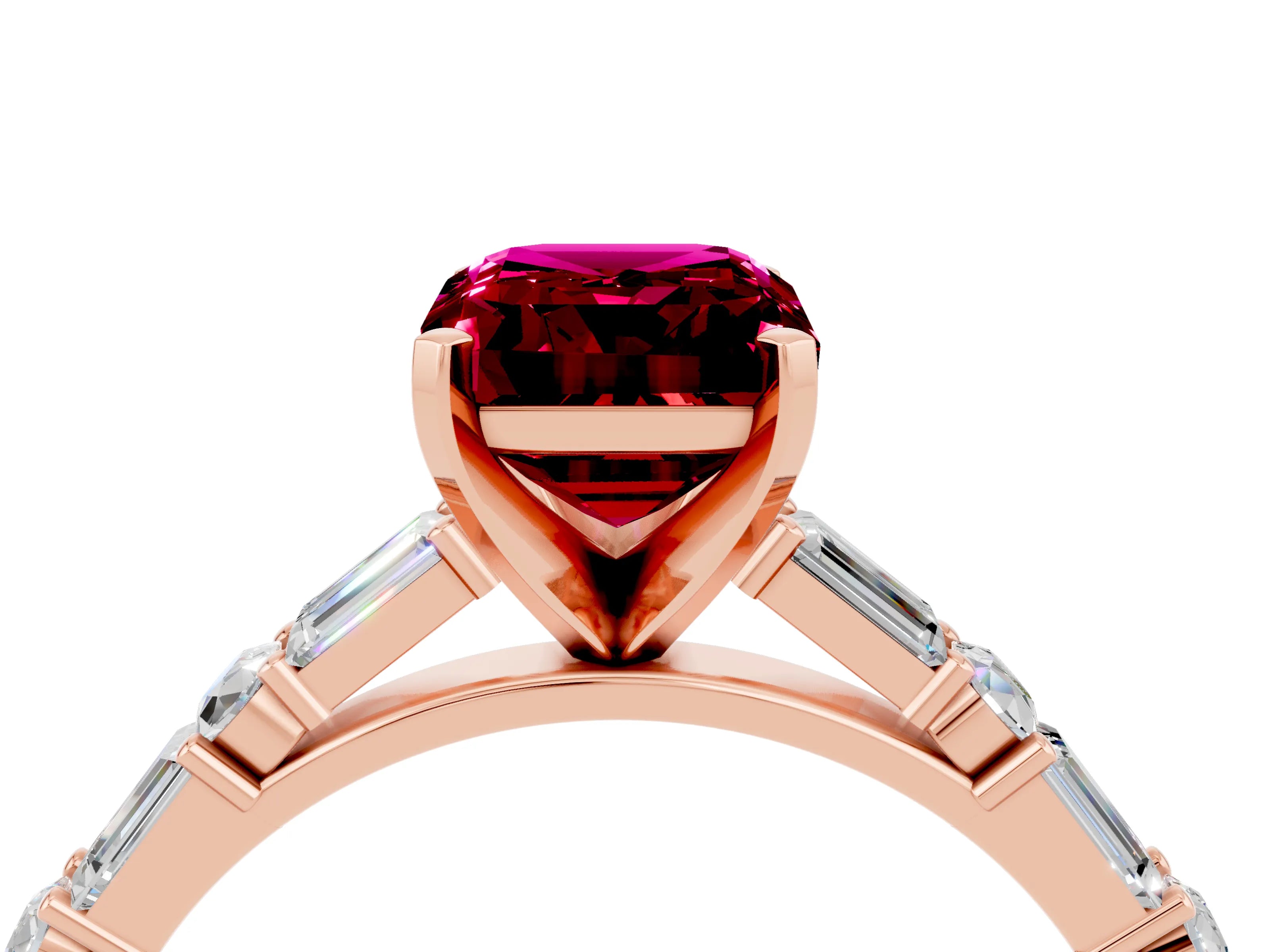 Rose gold Emerald Cut Garnet Solitaire with Side Baguettes and Channel Set Band_4
