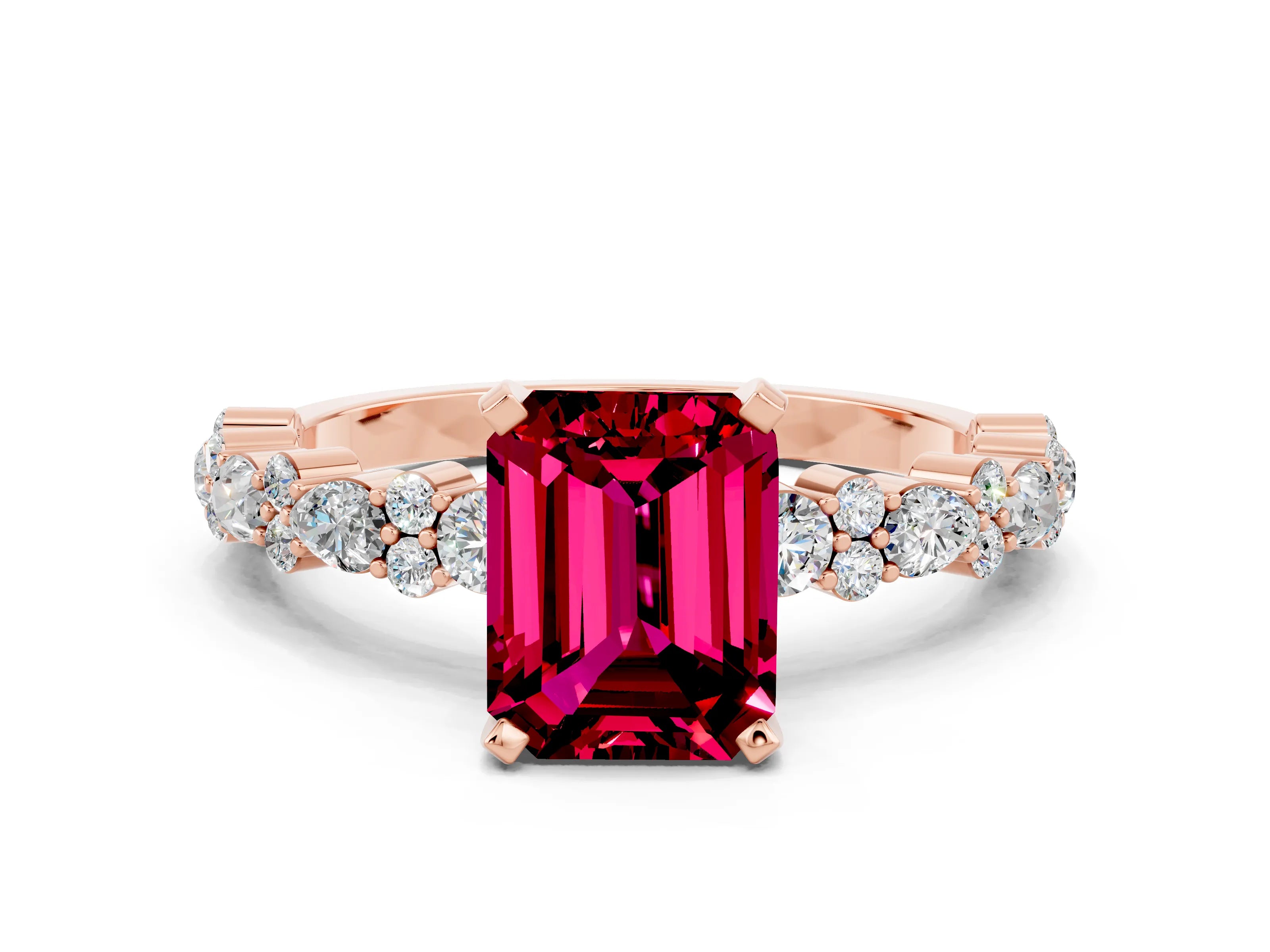 Rose gold Emerald Cut Garnet Solitaire with Side Stones, Pave Band, Four-Prong Setting_48