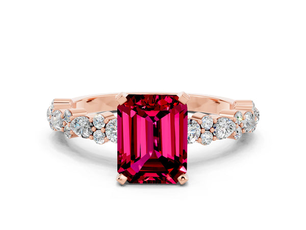 Rose gold Emerald Cut Garnet Side Stone Solitaire Ring with Round  and Four-Prong Setting