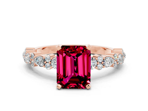 Rose gold Emerald Cut Garnet Solitaire with Side Stones, Pave Band, Four-Prong Setting_48