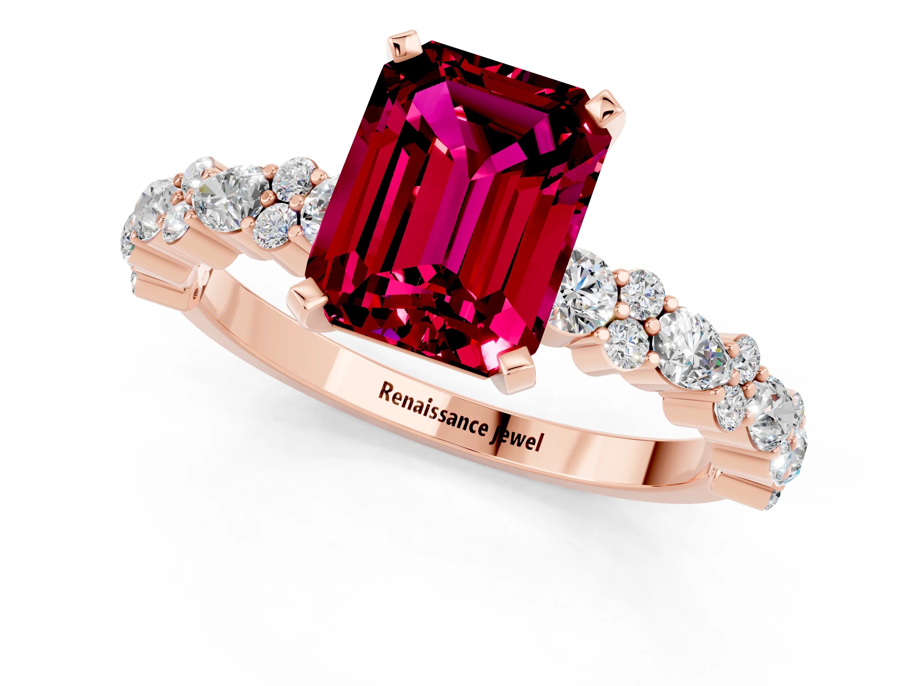 Rose gold Emerald Cut Garnet Solitaire with Side Stones, Pave Band, Four-Prong Setting_49