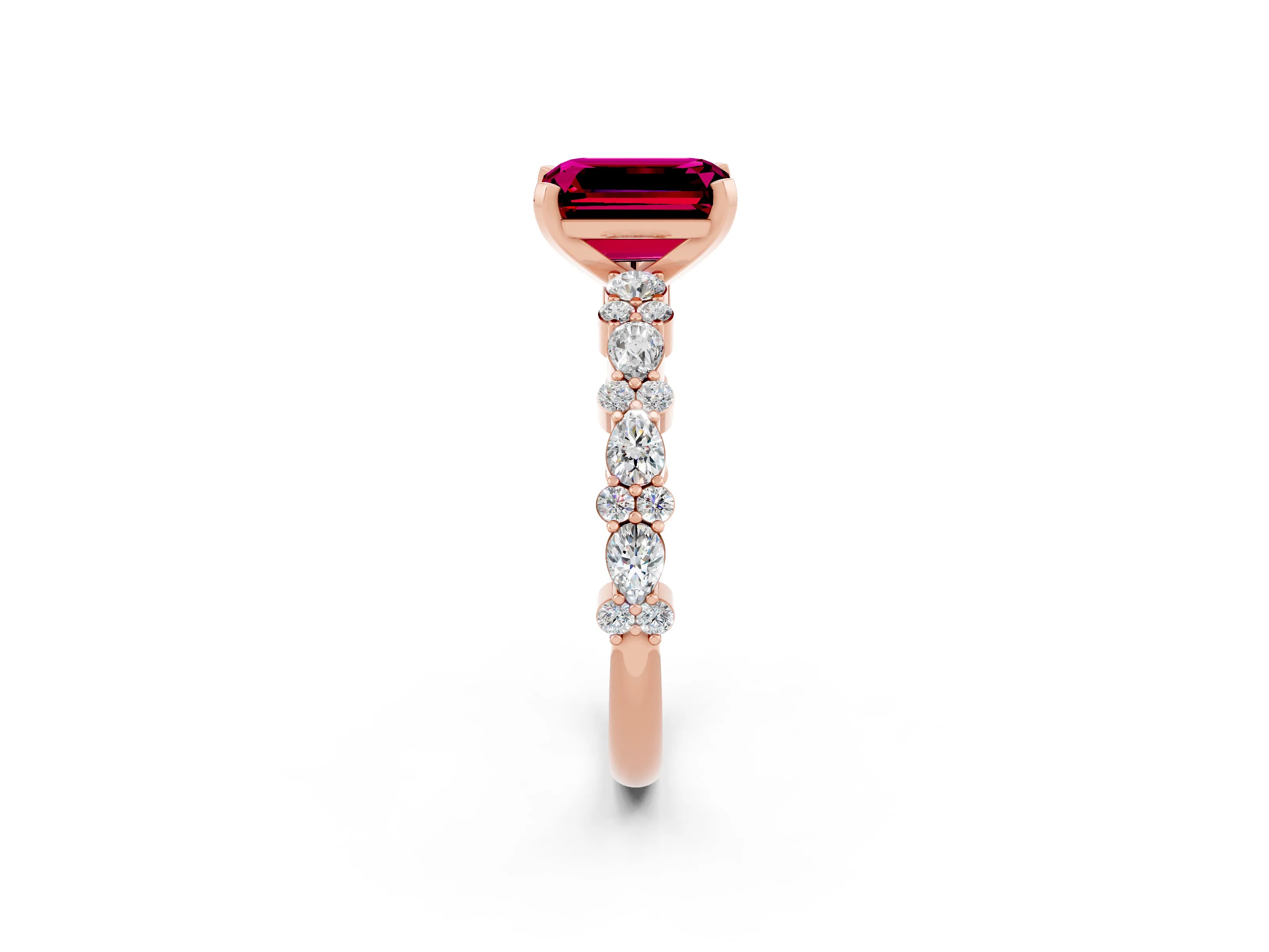 Rose gold Emerald Cut Garnet Solitaire with Side Stones, Pave Band, Four-Prong Setting_50