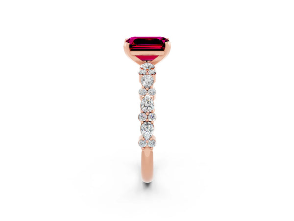 Rose gold Emerald Cut Garnet Side Stone Solitaire Ring with Round  and Four-Prong Setting