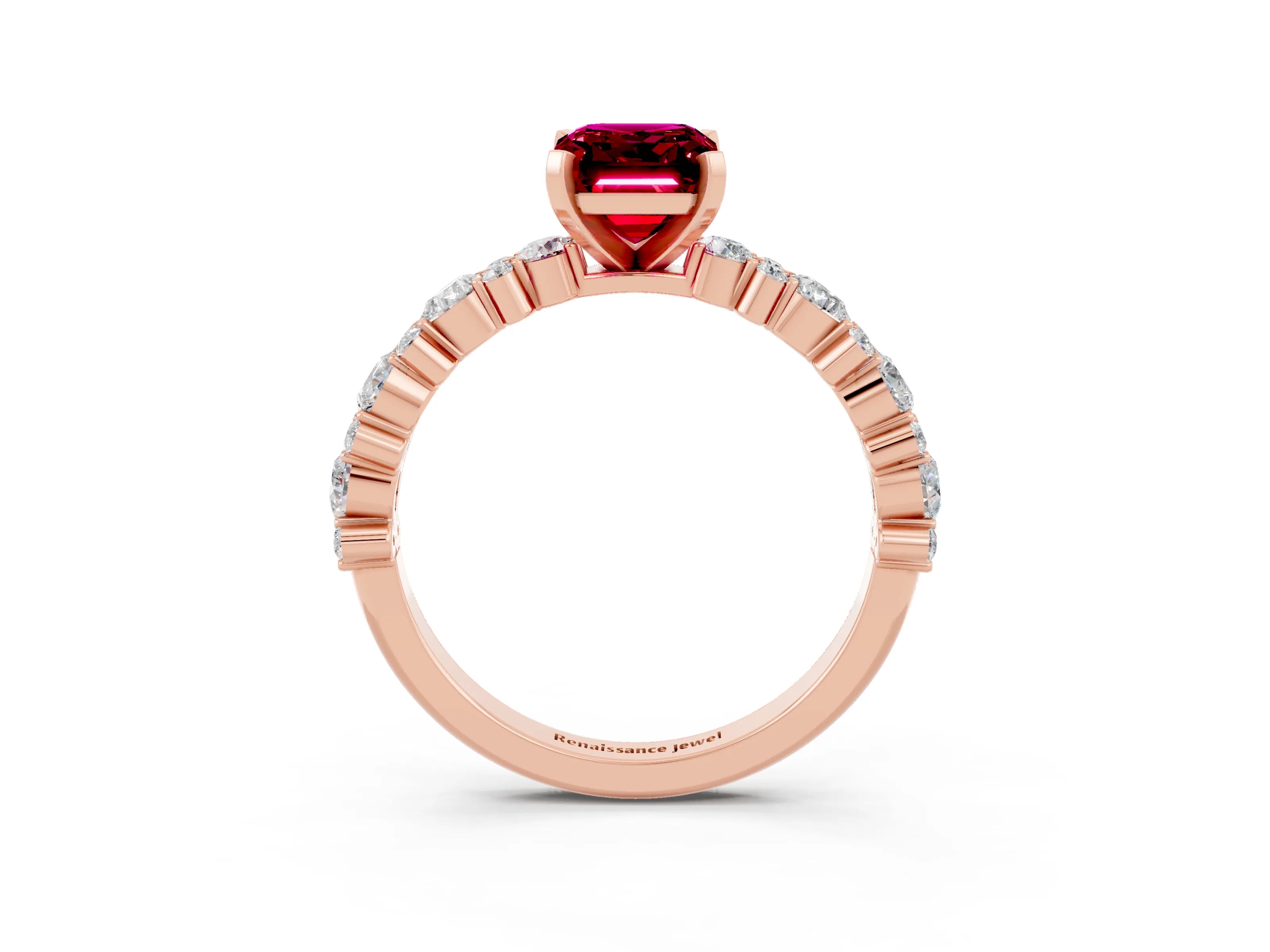 Rose gold Emerald Cut Garnet Solitaire with Side Stones, Pave Band, Four-Prong Setting_51
