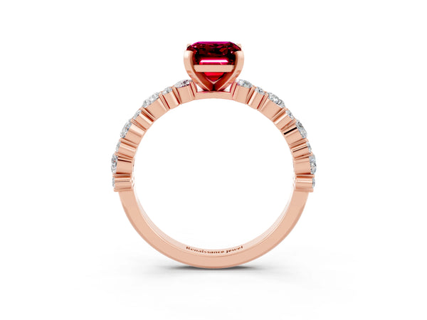 Rose gold Emerald Cut Garnet Side Stone Solitaire Ring with Round  and Four-Prong Setting