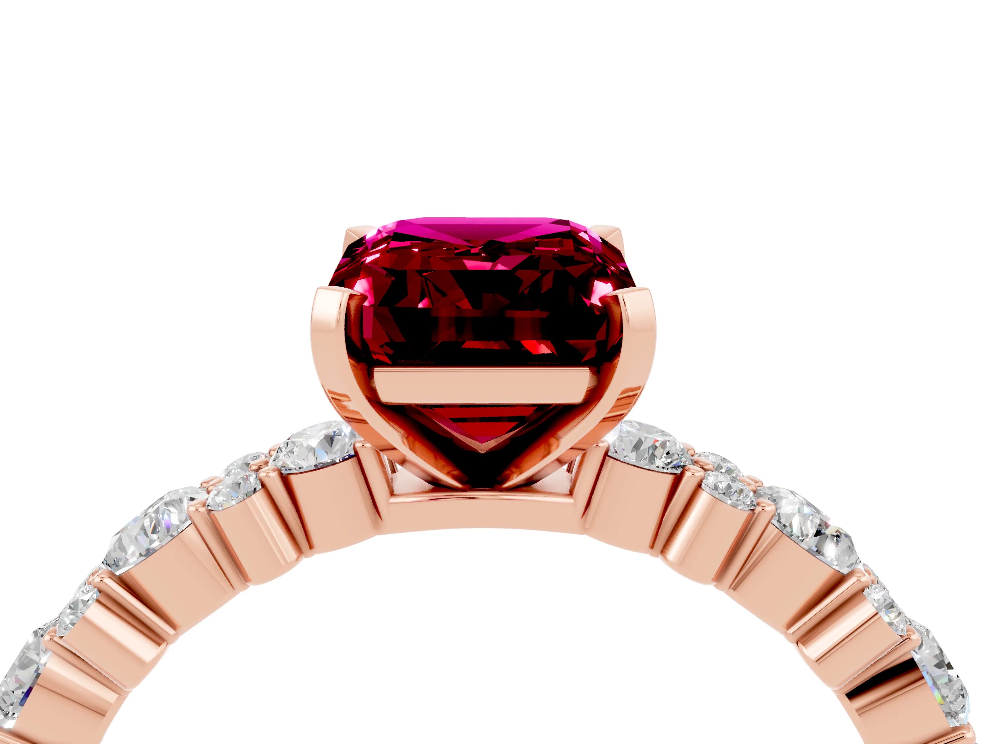 Rose gold Emerald Cut Garnet Solitaire with Side Stones, Pave Band, Four-Prong Setting_52