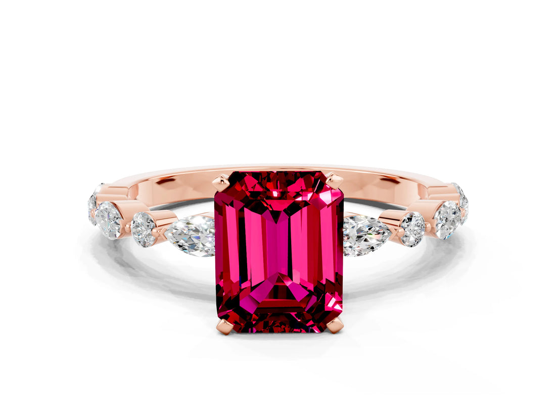 Rose gold Emerald Cut Garnet Solitaire with Side Stones on a Pavé Band and Four-Prong Setting
