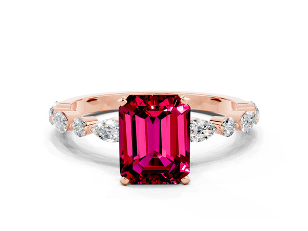 Rose gold Emerald Cut Garnet Ring with Marquise and Round  Side Stones and Four-Prong Setting