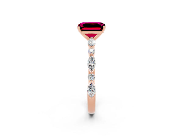 Rose gold Emerald Cut Garnet Ring with Marquise and Round  Side Stones and Four-Prong Setting
